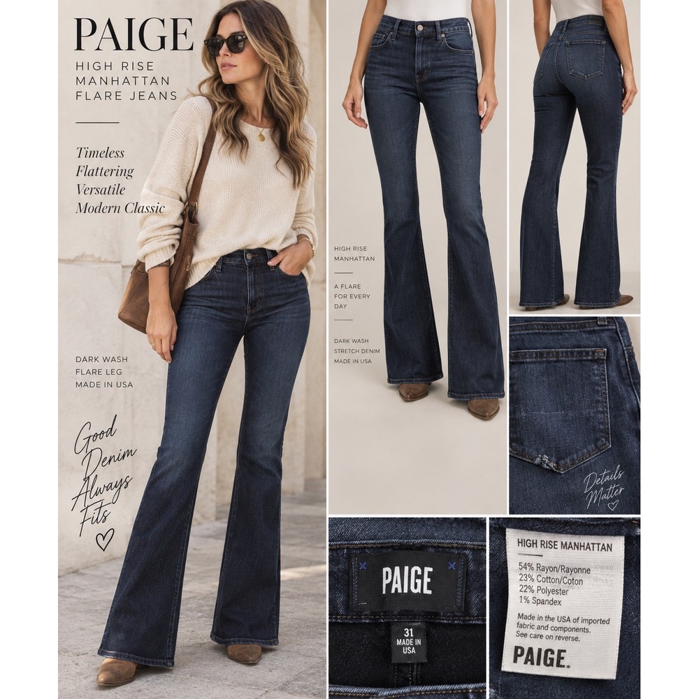 PAIGE High Rise Manhattan 31 Dark Wash Flare Jeans Y2K 35 Inseam Made USA
